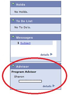 Image indicating where a student's advisor appears on the Program Advisor screen.