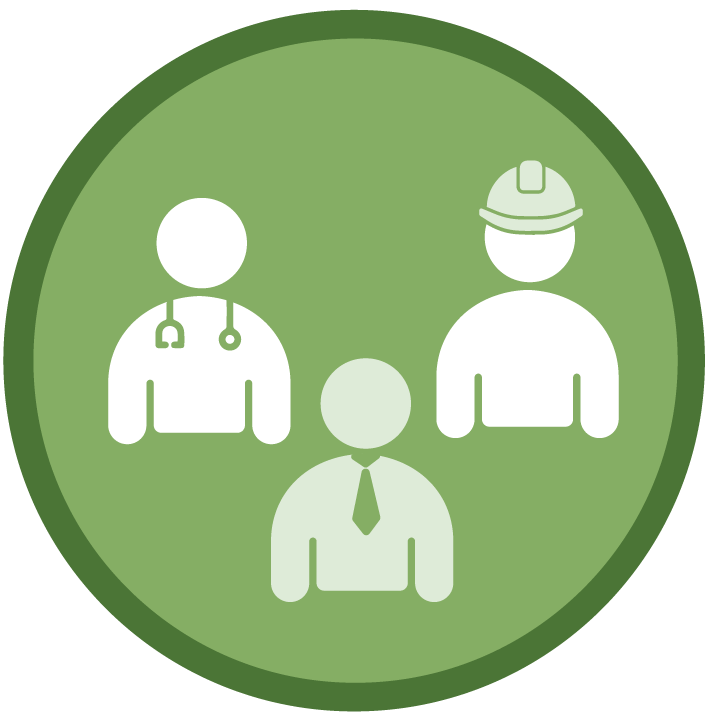 icon with a doctor, construction worker, and business worker